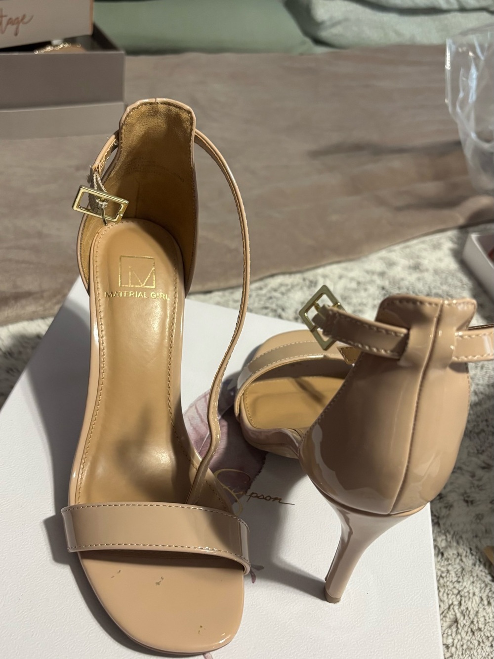 Material Girl Nude Patent Ankle-Strap Stilettos